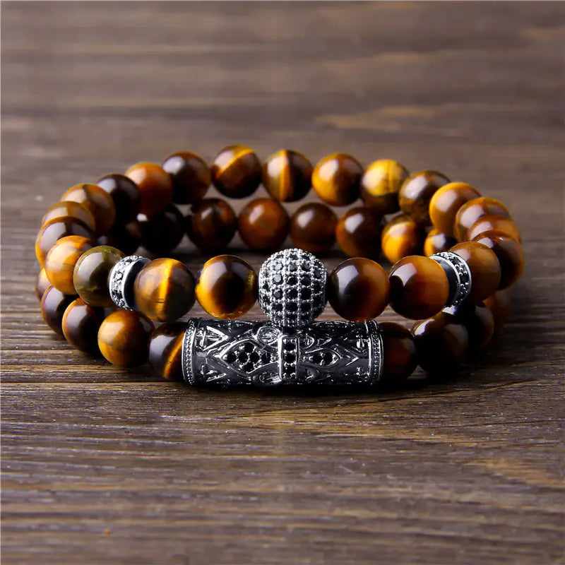10mm Micro-inlaid Beaded Bracelet - Tiger Eye Set