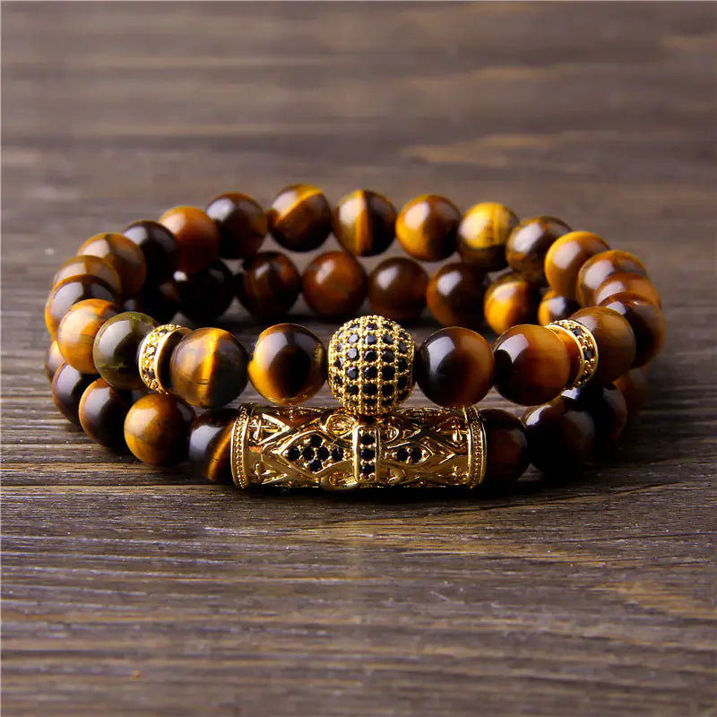 10mm Micro-inlaid Beaded Bracelet - Tiger Eye Set