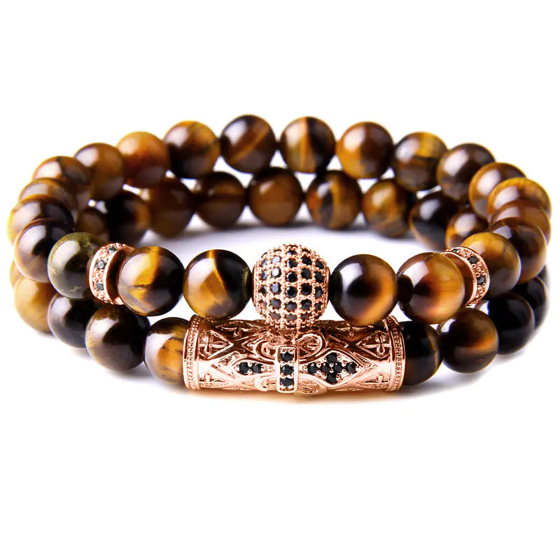10mm Micro-inlaid Beaded Bracelet - Tiger Eye Set