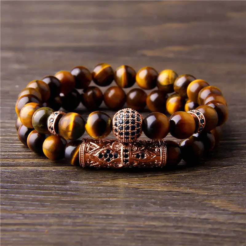 10mm Micro-inlaid Beaded Bracelet - Tiger Eye Set