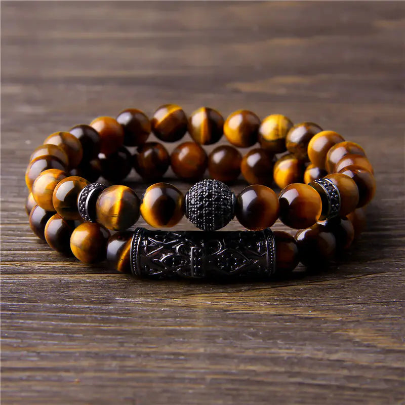 10mm Micro-inlaid Beaded Bracelet - Tiger Eye Set