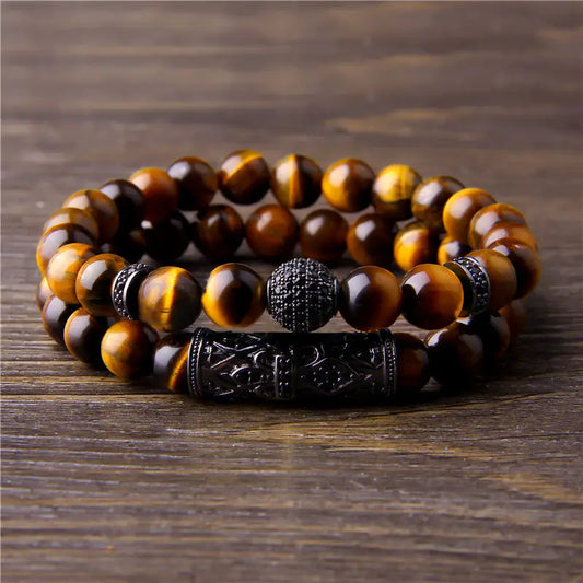 10mm Micro-inlaid Beaded Bracelet - Tiger Eye Set